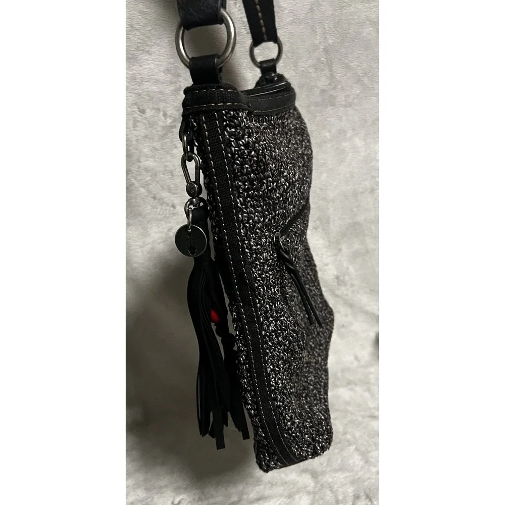 The Sak Crochet Crossbody Bag Black Knit Woven Purse w/ Tassel–Adjustable Strap